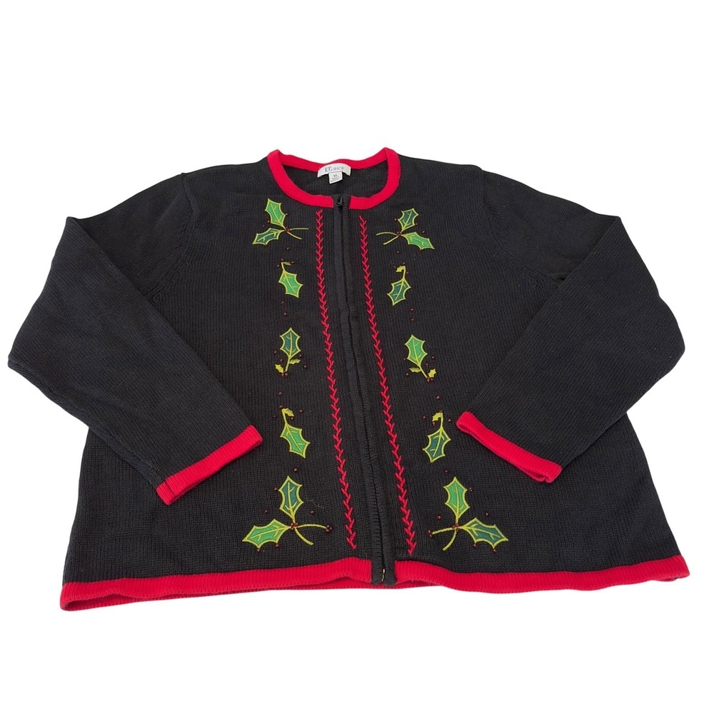 The Tog Shop Womens XL Christmas‎ Holly Beaded Full Zip Cardigan Sweater Black